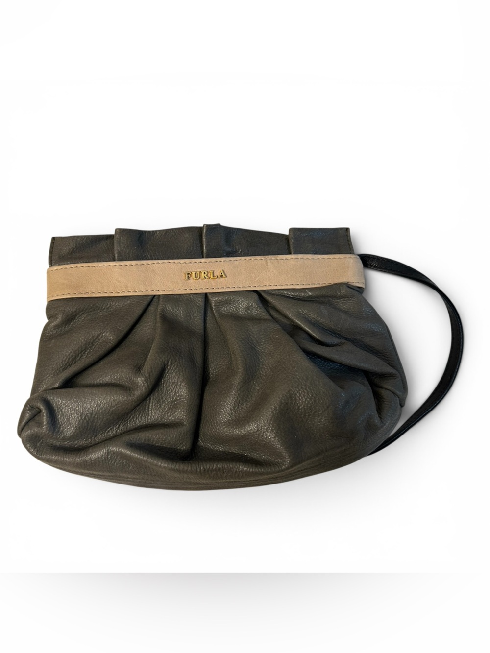Vintage FURLA Gathered Leather Clutch Wristlet Bag Charcoal Grey & Tan Accent - Picture 1 of 6